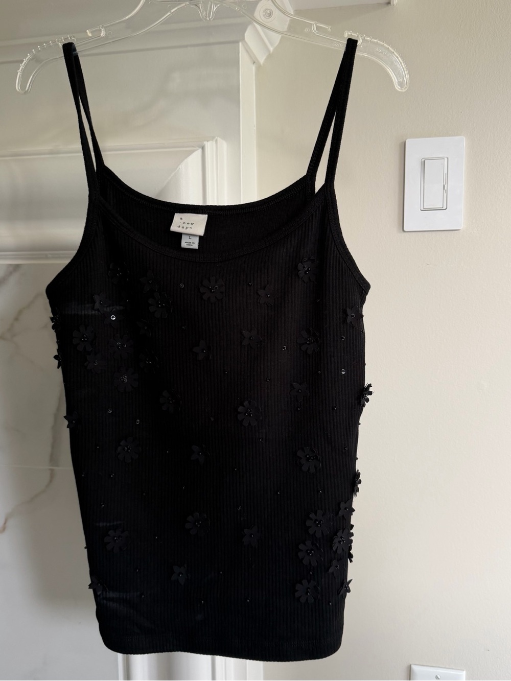 a new day Black Floral Appliqué Ribbed Tank